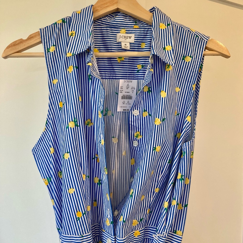 J. Crew midi A line sleeveless belted shirt dress. Lemon stripe pattern.
